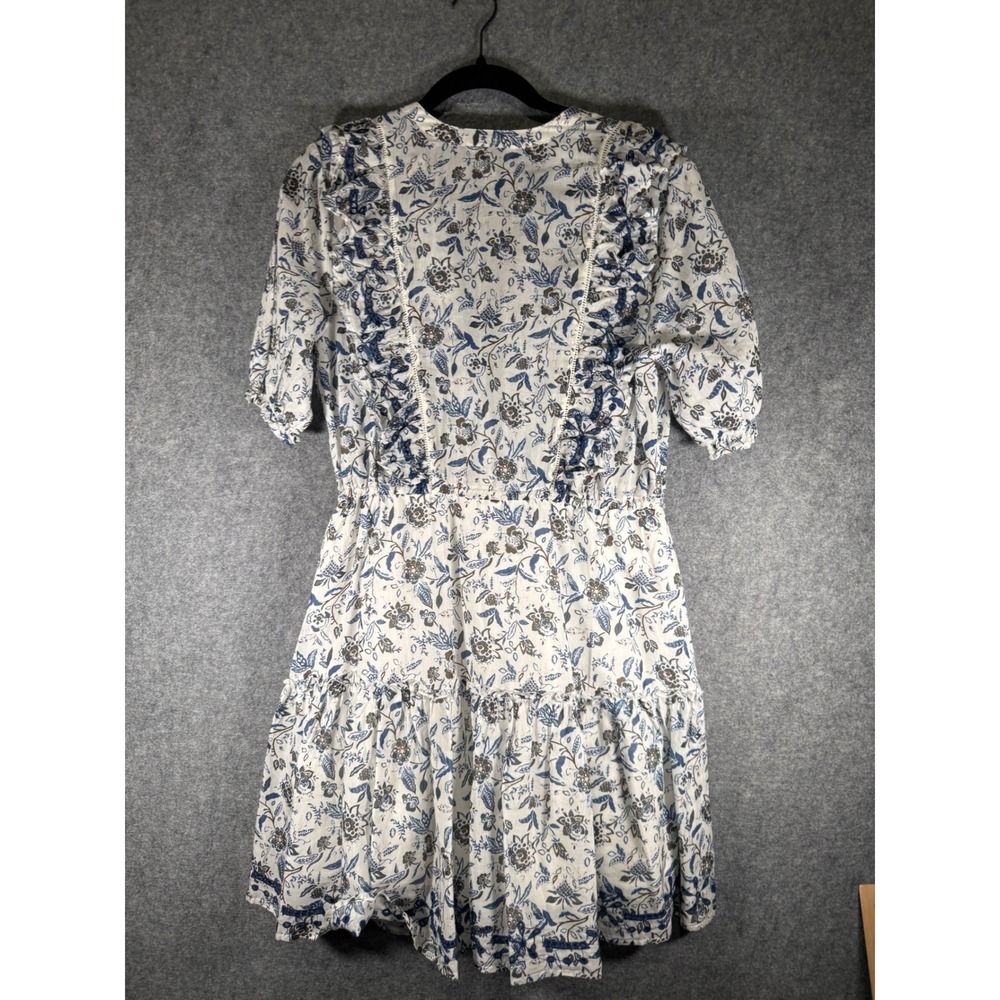 Lucky Brand Blue White Floral Ruffle Tiered Mini Dress Small V-Neck Puff Sleeve - Picture 7 of 8